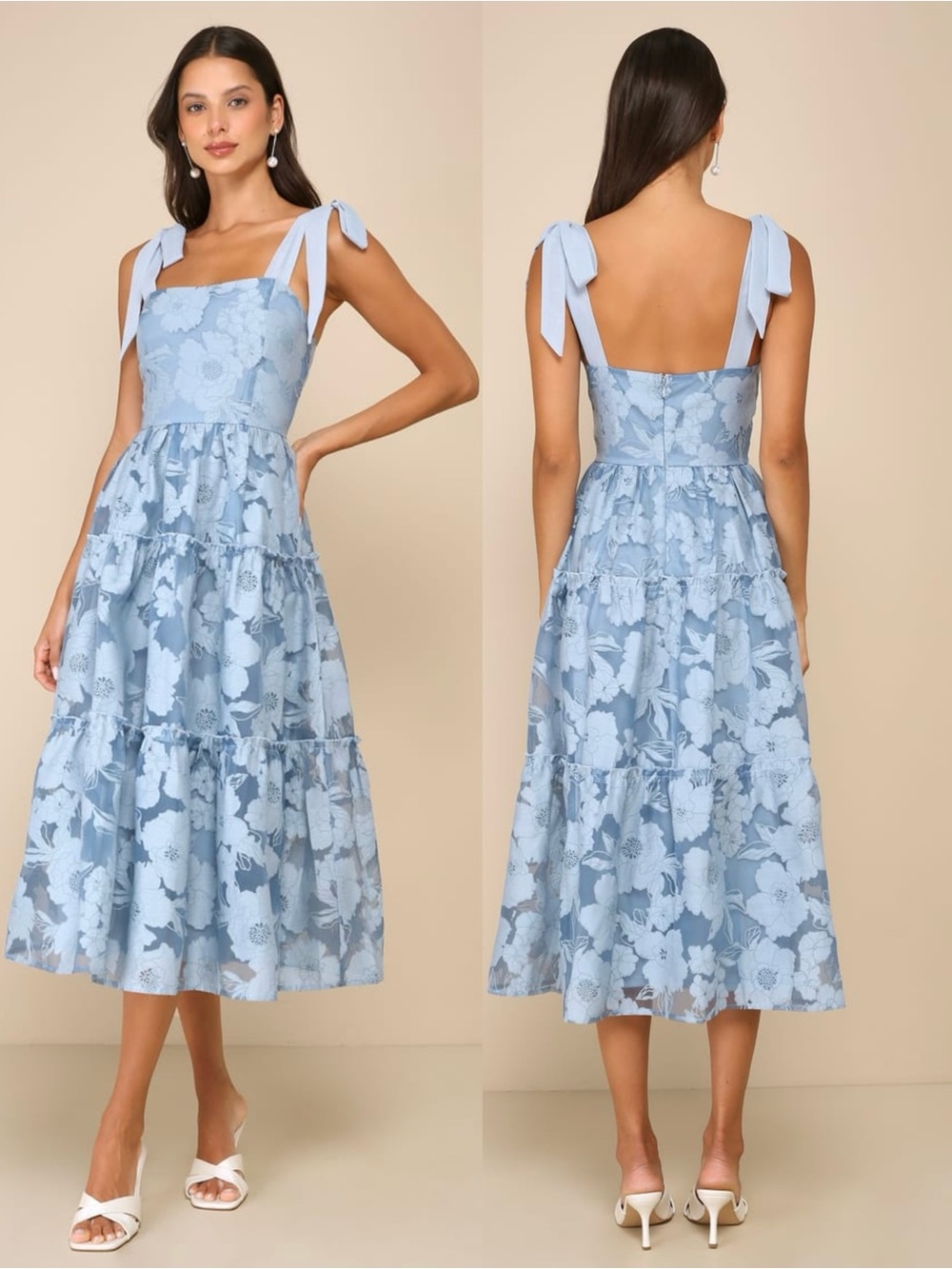 LULUS Floral Burnout Chiffon Tiered Ruffle Bow Tie Straps Fairycore Midi Dress L